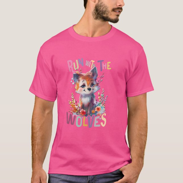 Camiseta futuro lobo alfa com lobos giros e flores (Frente)