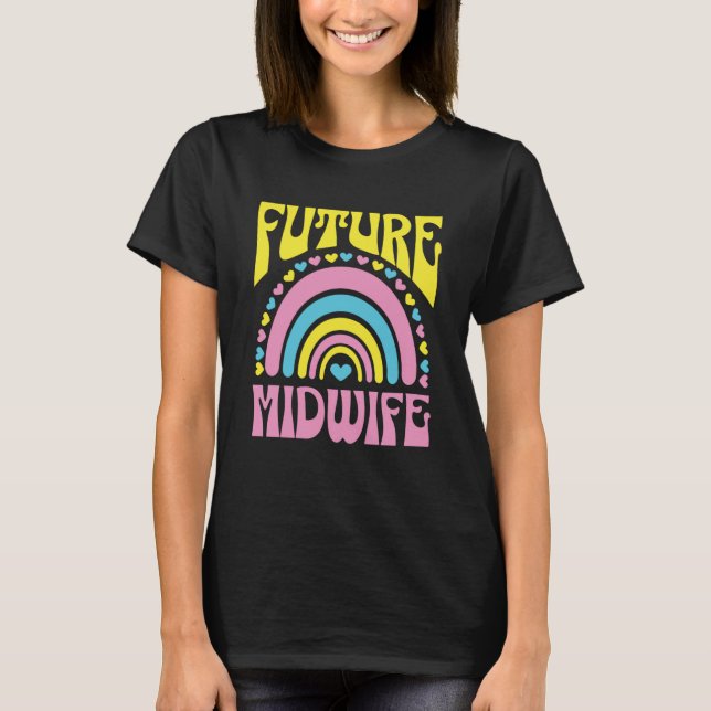 Camiseta Futuro Parteira Brilhante Retrô Arco-Íris Midwifes (Frente)