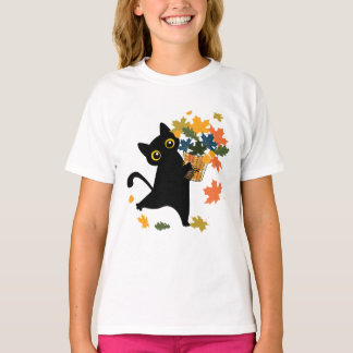 Camiseta fuuny black Cat Leaf Fall Hello Autumn