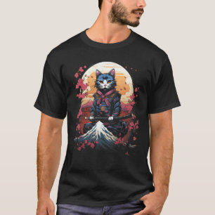 Camiseta Gáfico de Tatuagem Retro de Gato Ninja Samurai Jap