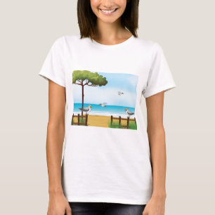 Camiseta Gaivotas Na Camisola Das Mulheres Da Praia