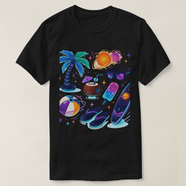Camiseta Galactic Summer Vibes – Neon Futurista (Frente do Design)