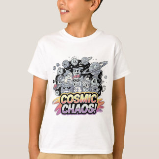 Camiseta Galáxia de Cartoons Coloridos com Motifs Planetais