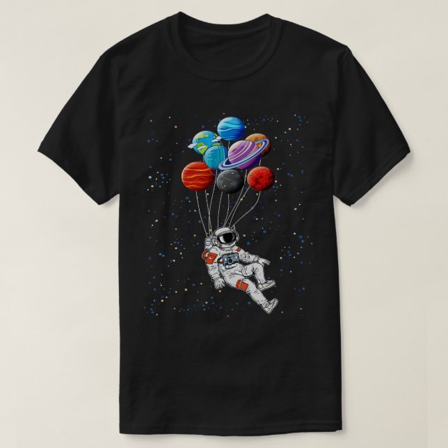 Camiseta Galáxia Futurística do Balão de Astronautas Flutua (Frente do Design)