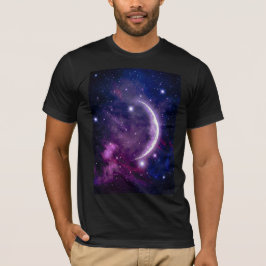 Camiseta Galáxia Roxa Vibrante Lua Crescente Celestial