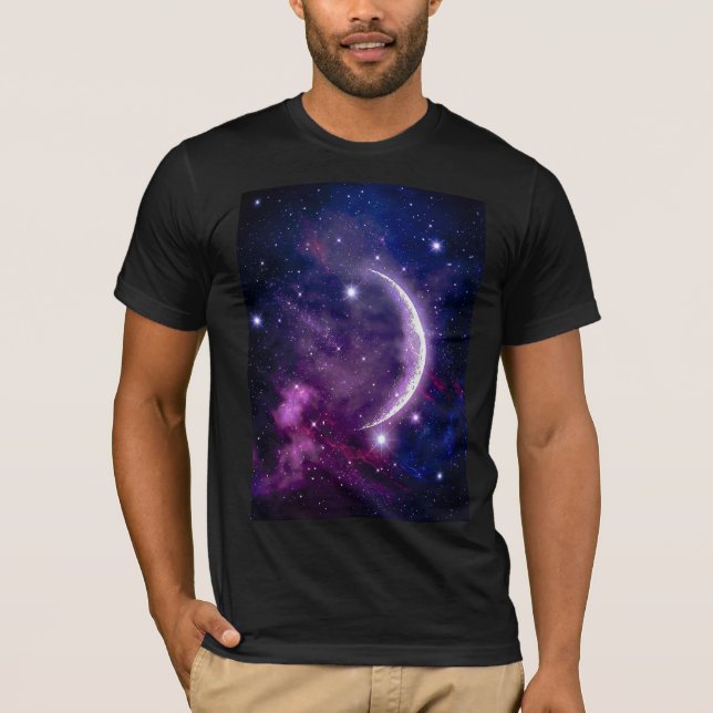 Camiseta Galáxia Roxa Vibrante Lua Crescente Celestial (Frente)