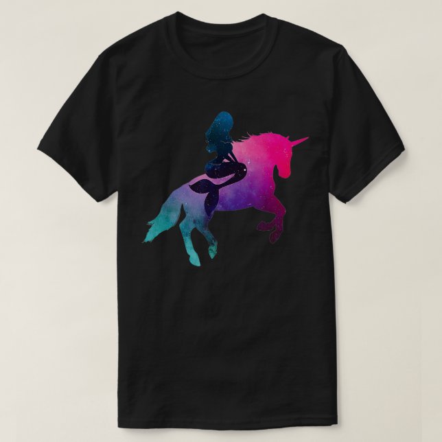 Camiseta Galáxia Sereia Dirigindo Unicórnio Para Mulheres E (Frente do Design)