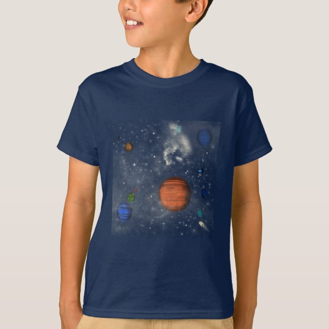 Camiseta Galáxias com estrelas e planetas no espaço (Frente)