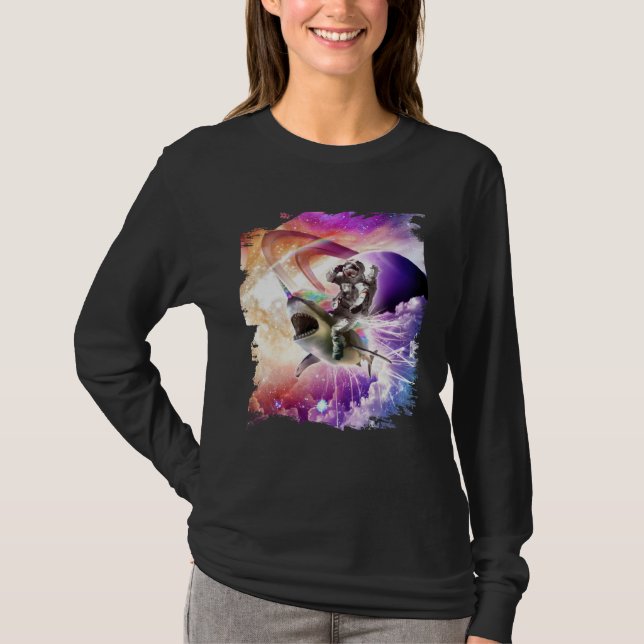 Camiseta Galaxy Astronaut Cat Riding Rainbow Shark Unicorn (Frente)