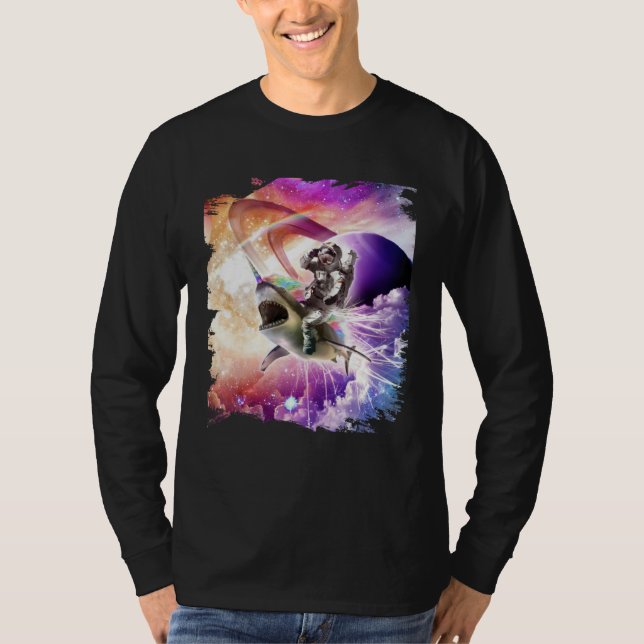 Camiseta Galaxy Astronaut Cat Riding Rainbow Shark Unicorn (Frente)