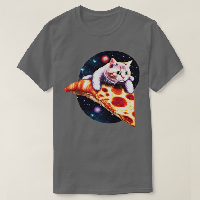 Camiseta Galaxy Cat Andando Uma fatia de Pizza (Frente do Design)