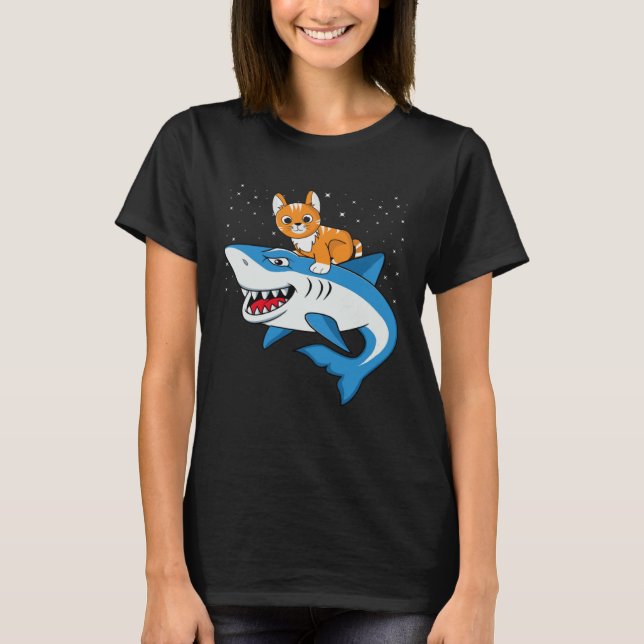 Camiseta Galaxy Cat Riding Shark For Cat Astronaut Cat (Frente)