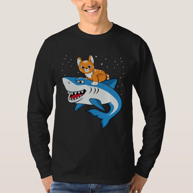 Camiseta Galaxy Cat Riding Shark For Cat Astronaut Cat (Frente)