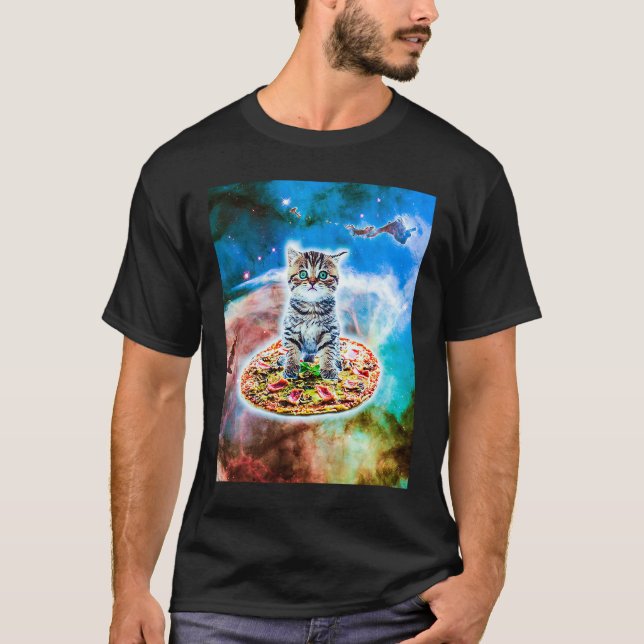 Camiseta Galaxy Kitty Cat Riding Pizza In Space (Frente)