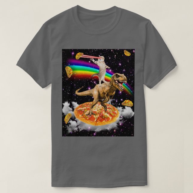 Camiseta Galaxy Laser Eye Cat on Dinosaur on Pizza with Tac (Frente do Design)