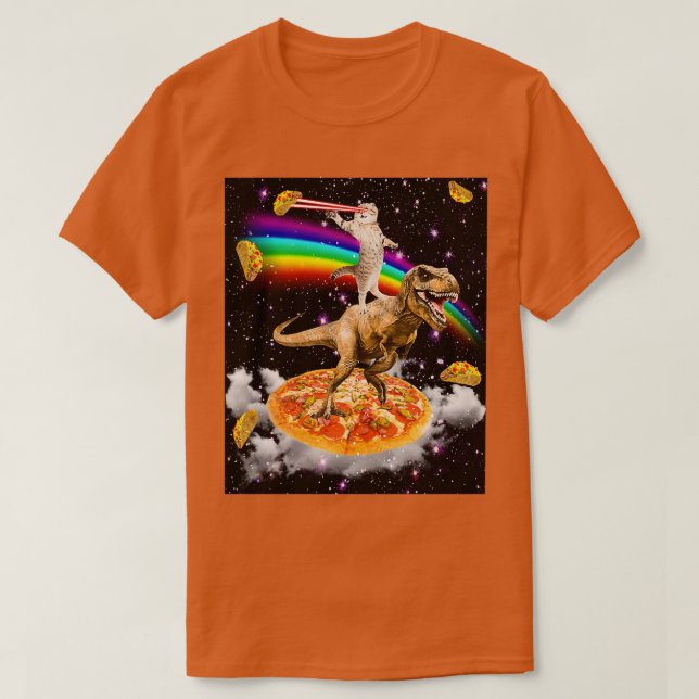 Camiseta Galaxy Laser Eye Cat on Dinosaur on Pizza with Tac (Frente do Design)