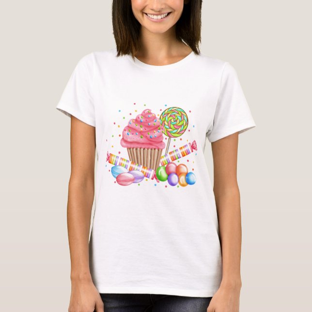 Camiseta Galdérias do doce do pirulito dos doces do cupcake (Frente)