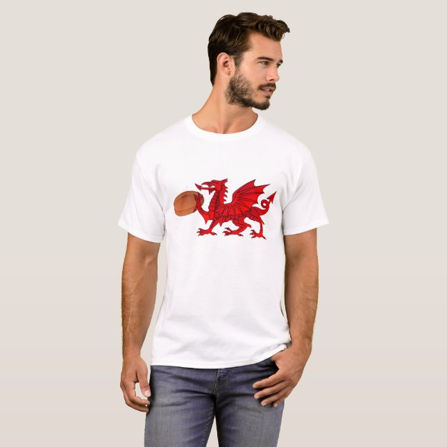 Camiseta Galês Dragão com T-Shirt de Bola de Rugby (Frente Completa)