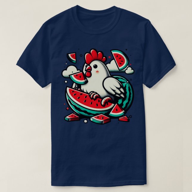 Camiseta Galinha Bonita Comendo Melancia Fruta Verão Homens (Frente do Design)