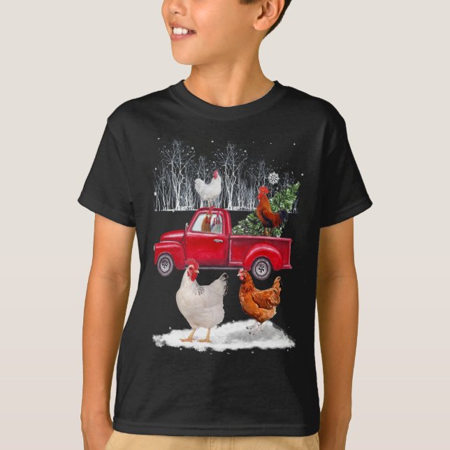Camiseta Galinha Caminhão Vermelho Feliz Galinha de Natal L (Frente)