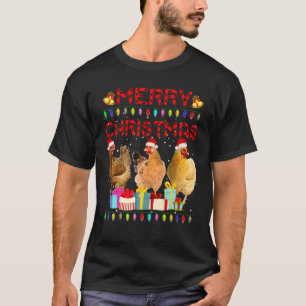 Camiseta Galinha de Natal Alegre Chapéu de Papai Noel Luzes