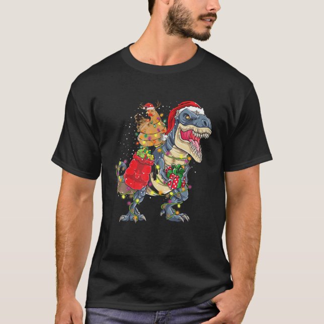 Camiseta Galinha de Natal Andando Dinossauro T Rex Tree Lig (Frente)