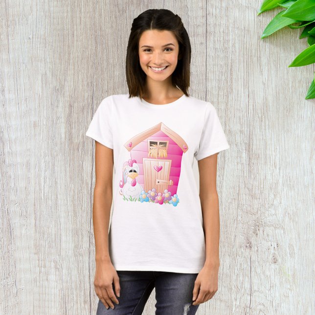 Camiseta Galinha e Casinha Rosa com Flores (Criador carregado)