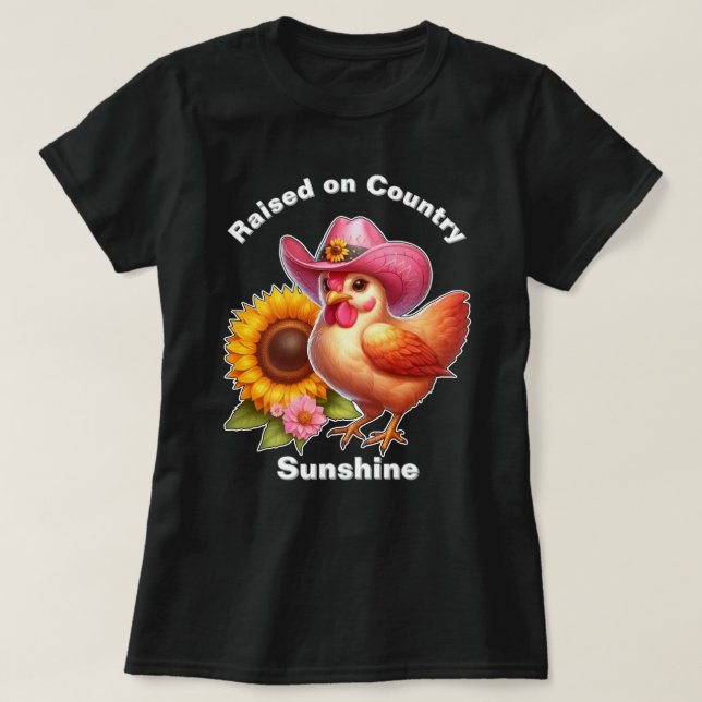 Camiseta Galinha Fofa de Chapéu Rosa com Girassol Brilhante (Frente do Design)