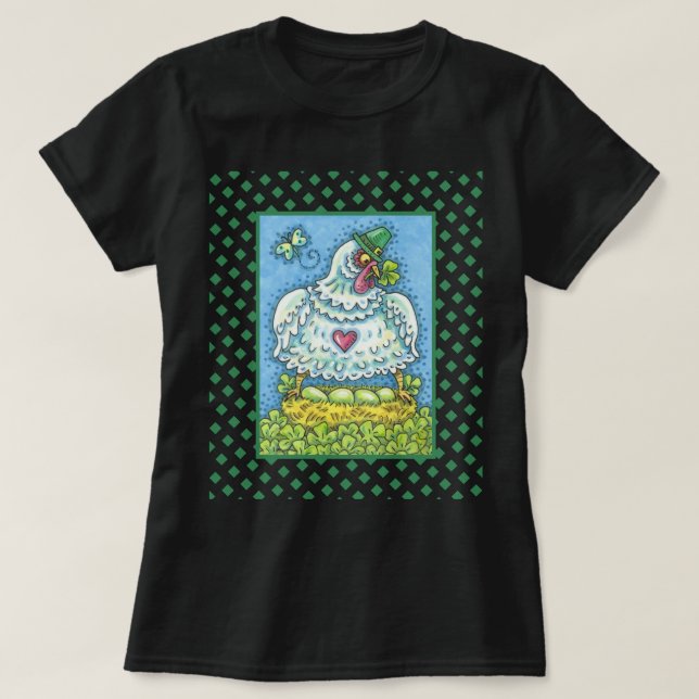 CAMISETA GALINHA IRLANDESA ENGRAÇADA, OVOS E TREVOS FRANGO  (Frente do Design)