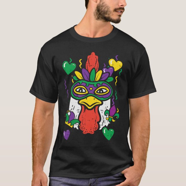 Camiseta Galinha Mardi Gras Máscara Fazenda Homens Mulheres (Frente)