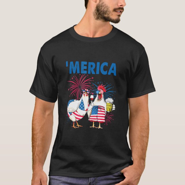 Camiseta Galinha Merica American Flag Chicken Beer 4th Of J (Frente)