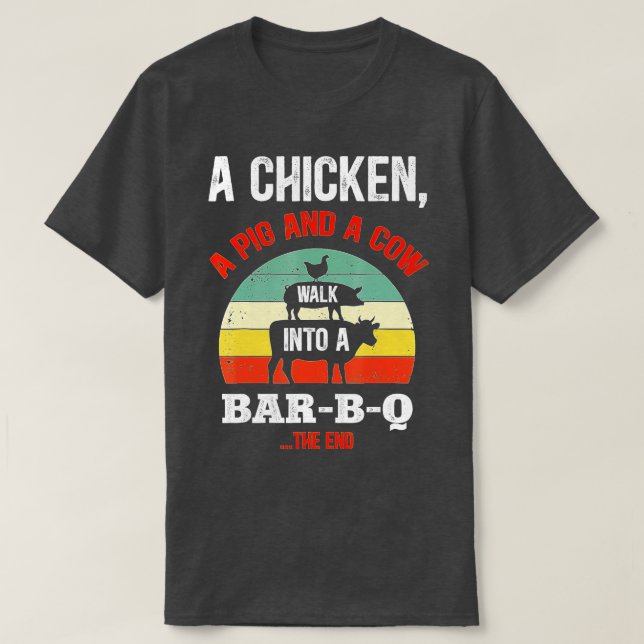 Camiseta Galinha, Porco E Vaca Andam Engraçados Com Bar B Q (Frente do Design)