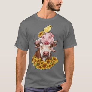 Camiseta Galinha-Porco-Porco de Vaca-Vaca com Girassóis