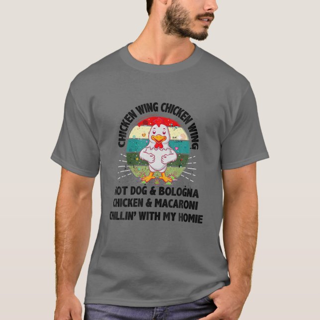 Camiseta Galinha Que Anca Galinha Asa Cão Quente E Bolonha  (Frente)