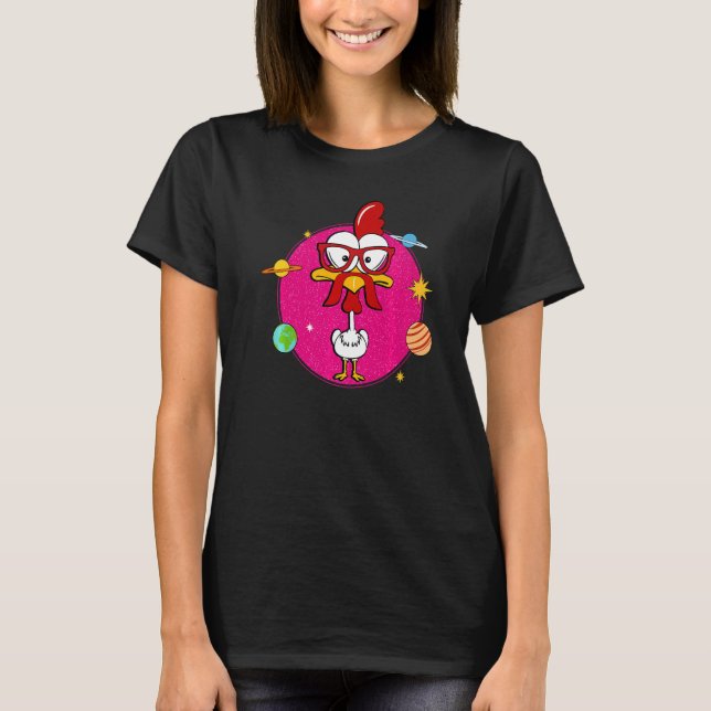 Camiseta Galinha Rosa Com bigode E Óculos De Sol No Espaço (Frente)