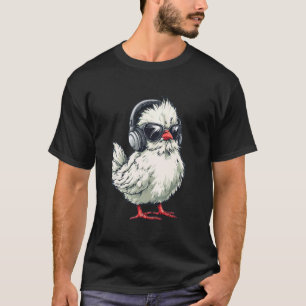 Camiseta Galinha Silkie Usando Fones de Ouvido Amante de Ga