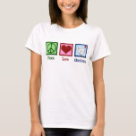Camiseta Galinhas do Amor pela Paz<br><div class="desc">Sinal de paz,  coração,  e uma galinha bonitinha numa fazenda. Eu adoro ser fazendeiro e trabalhar com animais como galinhas. Camiseta de frango com amor pela paz.</div>