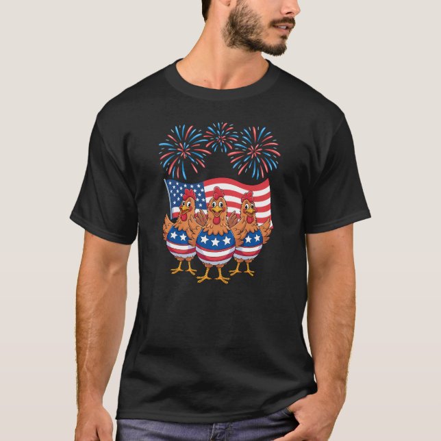 Camiseta Galinhas Patrióticas Engraçadas EUA Bandeira 4 de  (Frente)