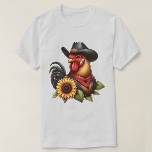 Camiseta Galo Colorido em Chapéu de Cowboy com Girassol