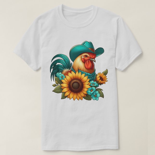 Camiseta Galo com Chapéu Teal e Girassóis (Frente do Design)