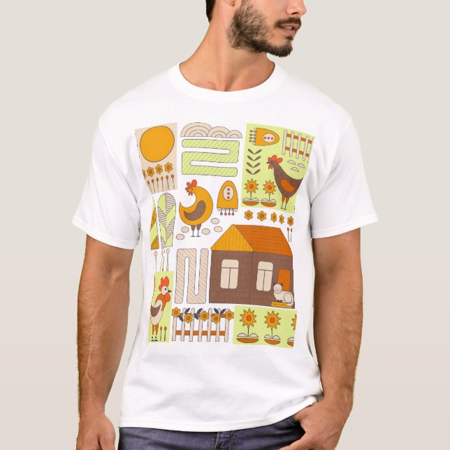 Camiseta Galo, galinhas, desenho floral geométrico. (Frente)