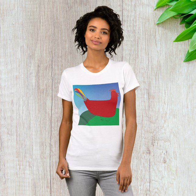 Camiseta Galo Vermelho Colorido com Cauda do Arco-Íris em H (Criador carregado)