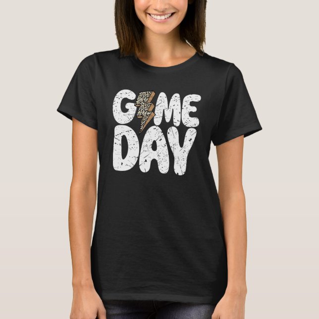 Camiseta Game Day Leopard Print Lightning Bolt Football Spo (Frente)