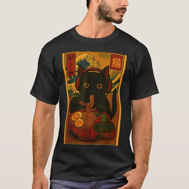 Camiseta Gamer Cat Eating Ramen Japanese Style  (Frente)