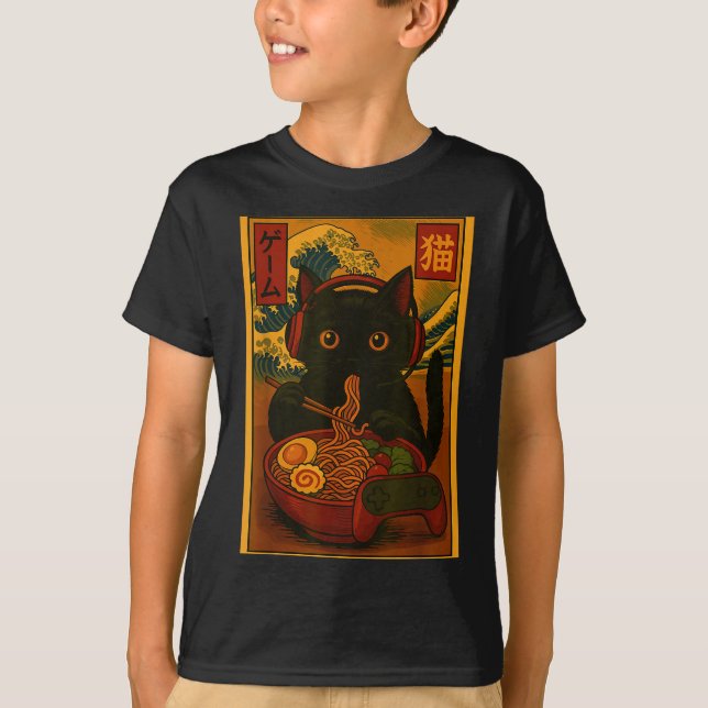 Camiseta Gamer Cat Eating Ramen Japanese Style  (Frente)