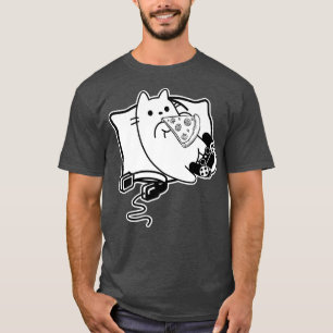 Camiseta Gamer Cat Girl Boy carregando pizza, fone de ouvid