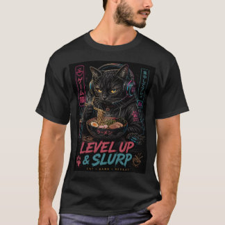 Camiseta Gamer Cat "Level Up & Slurp" Macarrão Ramen Japonê