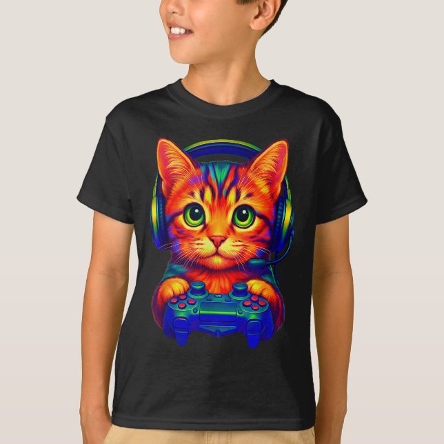 Camiseta Gamer Cat Video Games Boys Teen Men Girls Funny Ca (Frente)
