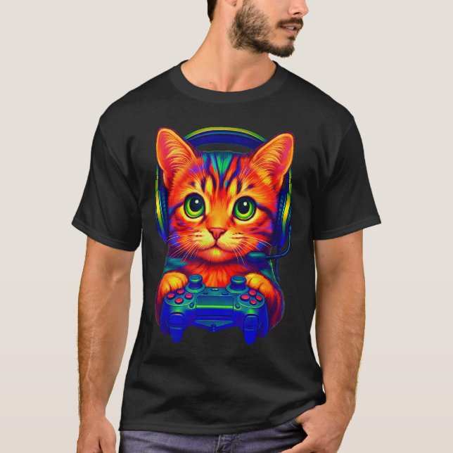 Camiseta Gamer Cat Video Games Boys Teen Men Girls Funny Ca (Frente)