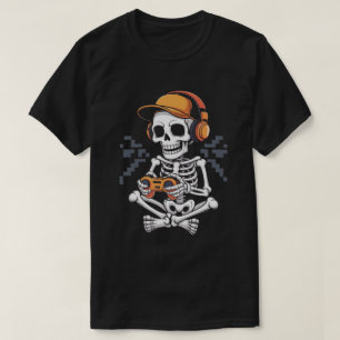 Camiseta Gamer Esqueleto Retro com Fone de Ouvido e Control
